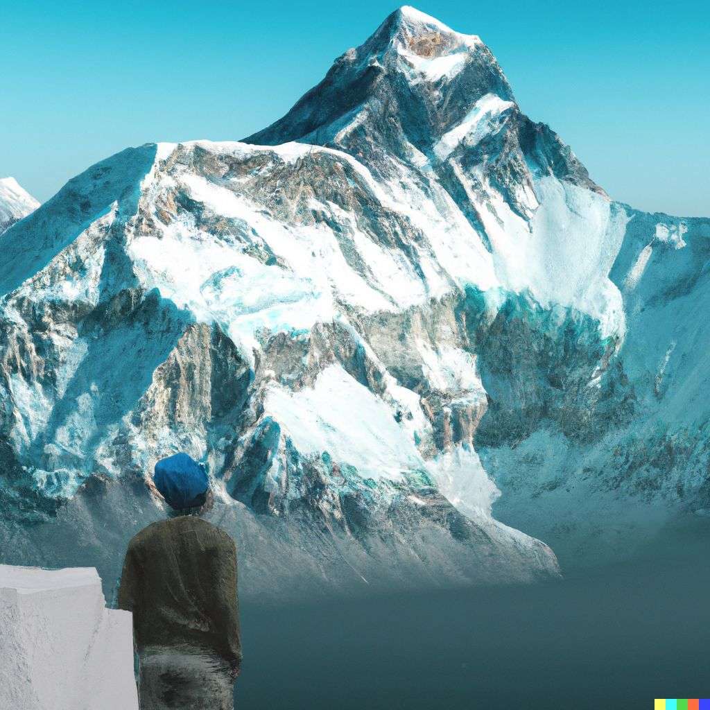 someone gazing at Mount Everest, digital art, faux-3D style